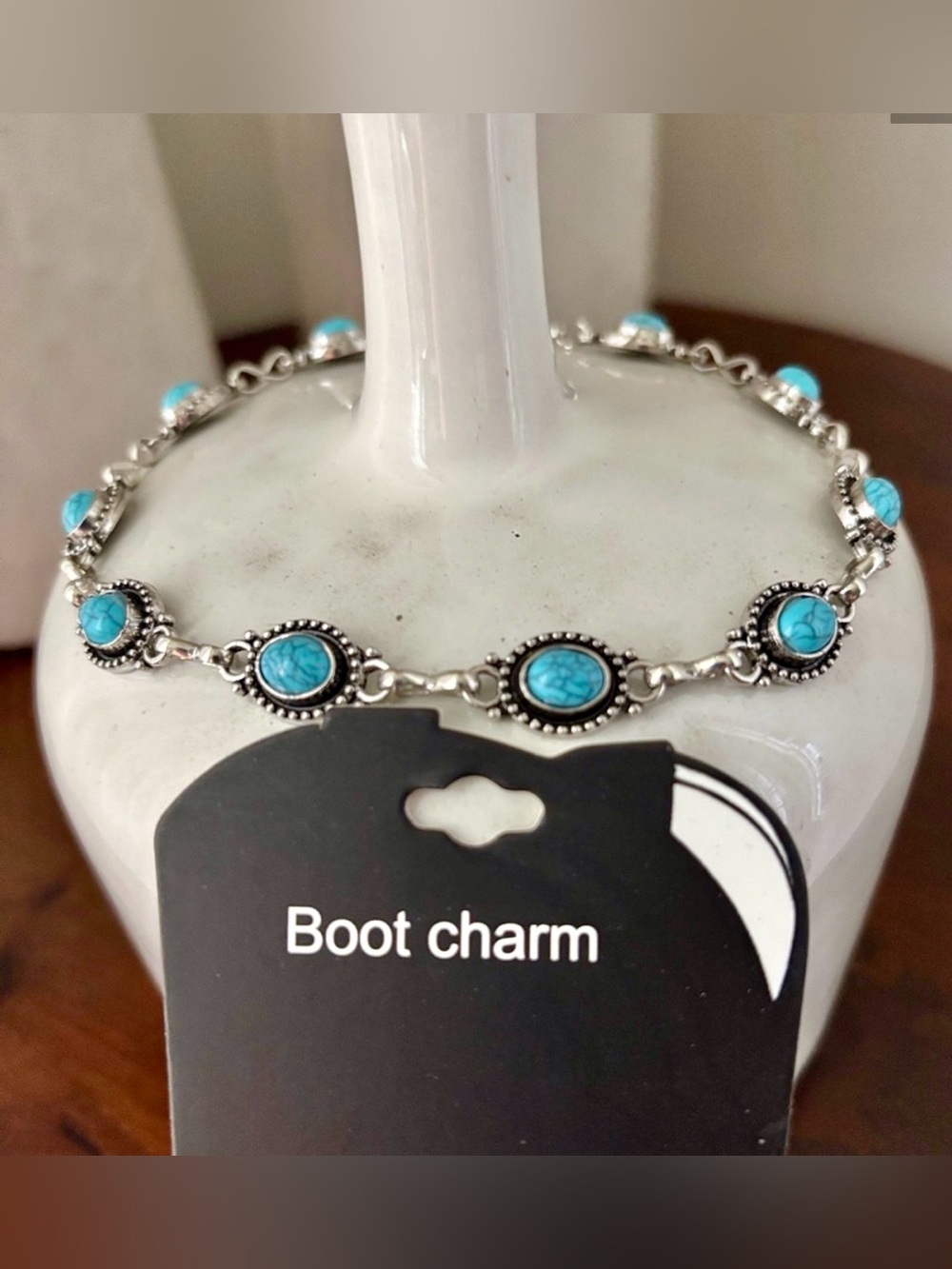 Western Boot Charm,oval turquoise stones in silvertone filagree,Trendy